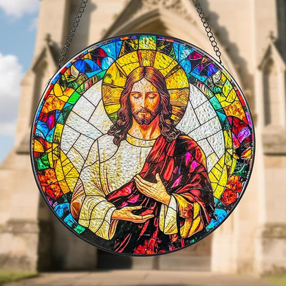 Suncatcher Stained Glass Window Hanging - Jesus Christ Glass Panel with Metal Chain and Hooks Handmade Sun Catcher Decoration for Window Garden Home Christmas & Birthday Gifts (6.3 Inch)