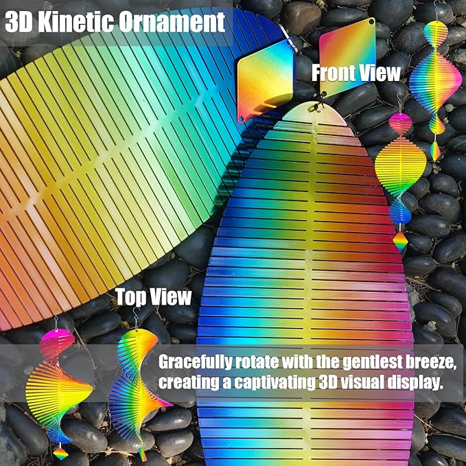 2pcs in Set Gradient Rainbow Helix Metal Wind Spinners for Yard and Garden,12 Inch 3D Stainless Steel Hanging Kinetic Yard Art Wind Sculpture Decor Outdoor Indoor (Warm Pattern)