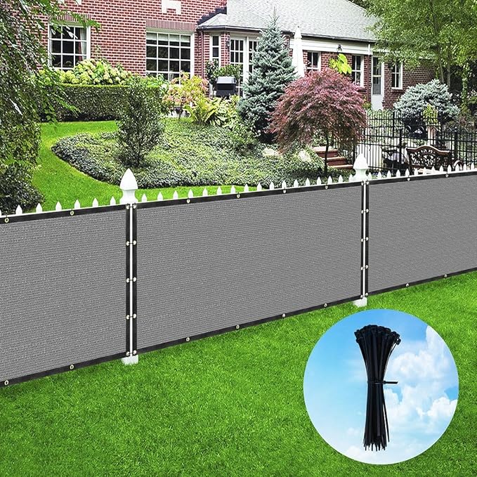 Houssity Zip Cable Ties and Grey 3' x 10' Balcony Deck Fence Privacy Screen Cover Panel Shade Cloth Fabric for Chain Link Fence Patio Pool Railing Porch Playground Dog Kennel Residence Commercial Use