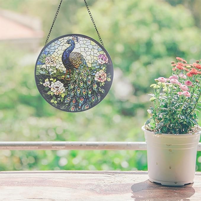 Stained Glass Sun Catcher,Peacock Glass Window Hanging Garden Decor,Sun Catchers Indoor Window,Whimsical Decoration for Home Backyard Patio Lawn Porch with 6.3 INCH