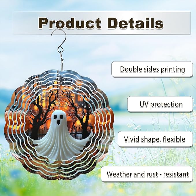 Halloween Ghost Wind Spinners Outdoor, Hanging Wind Spinner for Garden Decoration, 8 inch 3D Stainless Steel Metal Wind Sculpture for Indoor/Outdoor Decor
