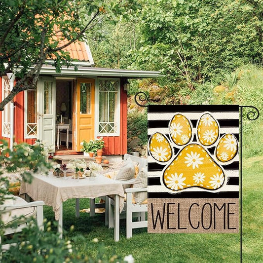 AVOIN colorlife Yellow Paw Print Spring Garden Flag 12x18 Inch Double Sided Outside, Daisy Floral Welcome Stripes Yard Outdoor Flag