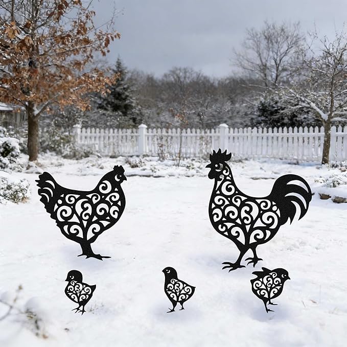Metal Chicken Garden Stakes Set of 5, Outside Rooster Decorative Gardens Stakes, Chickens Gifts for Women, Chicks Lovers and Chicken Owners, Outdoor Ornaments for Yard Lawn Patio Gardens