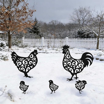Metal Chicken Garden Stakes Set of 5, Outside Rooster Decorative Gardens Stakes, Chickens Gifts for Women, Chicks Lovers and Chicken Owners, Outdoor Ornaments for Yard Lawn Patio Gardens