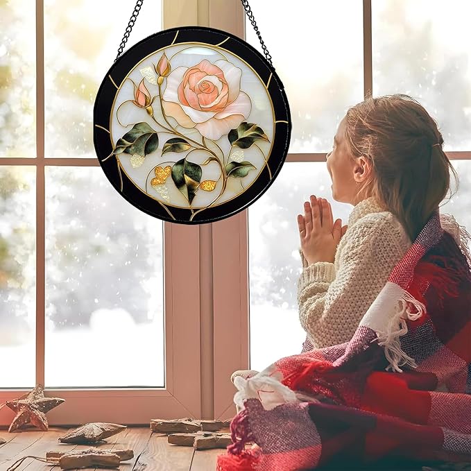 Stained Glass Window Hanging - Black White Pink Rose Sun Catcher for Door Home Decor Flower Suncatcher Christmas Mother's Day Birthday Gifts for Women Men Lovers Mom Nana 9.8 in
