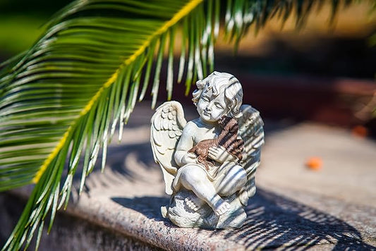 DUSVALLY Angel Sculpture with A Little Dog in Arms, Garden Resin Statue, Angel Figurine Tabletop Decor, Angel with Wings Statue for Indoor Outdoor
