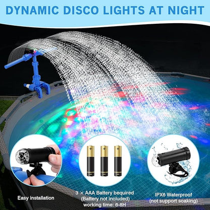 Pool Fountains for Above Ground Pools, Waterfall Sprinkler Fountain with Lights, 360°Adjustable Dual-Spray Cooler Aerator, Swimming Pool Accessories Fit 1.18in to 4.72in Top Frame