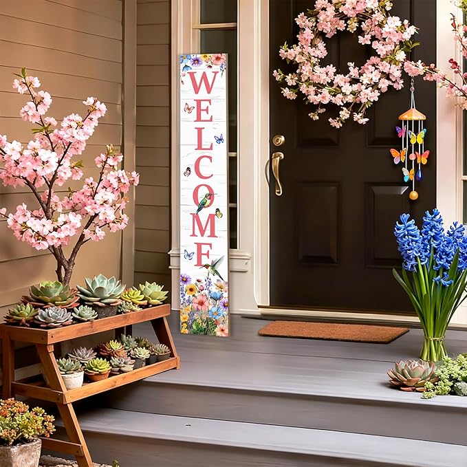 Hummingbird Welcome Sign for Front Door, Spring Porch Sign Tulip Flowers Outdoor Yard Sign Seasonal Tall Floral Welcome Porch Sign Wildflowers Wood Door Sign for Garden Patio Wall Home Decor