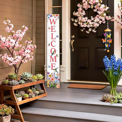 Hummingbird Welcome Sign for Front Door, Spring Porch Sign Tulip Flowers Outdoor Yard Sign Seasonal Tall Floral Welcome Porch Sign Wildflowers Wood Door Sign for Garden Patio Wall Home Decor