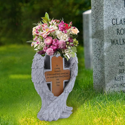 Angel Wings and Cross Solar Light CemeteryDecorations, Cemetery Decorations,Garden Solar Vase Decorations,Gift for Lost Lovers Ones (White)