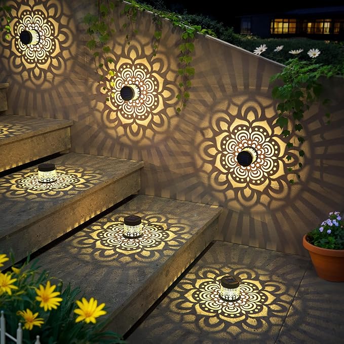 Solar Fence Lights 2 Pack Outdoor Deck Step Wall Lights Metal Waterproof LED Warm Yellow Light for Garden Post Patio Backyard Yard Decor (Mandala-1, 2)
