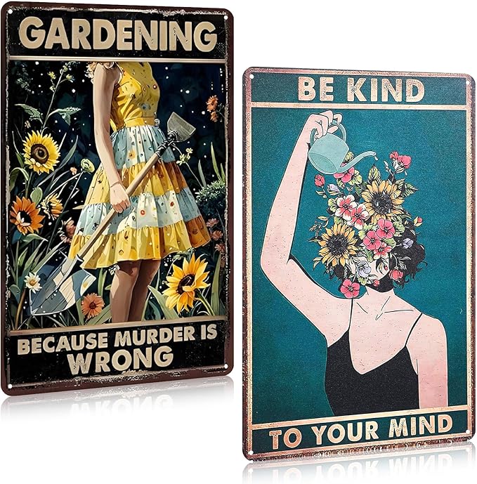 MorningRo 2 Pcs Funny Metal Tin Garden Sign 12'' x 8'' Gifts for Plant Lovers Women Grandma Mom Garden Decor Metal Tin Sign for Farmhouse Greenhouse Patio Yard Wall Decor Indoor Outdoor(Girls)