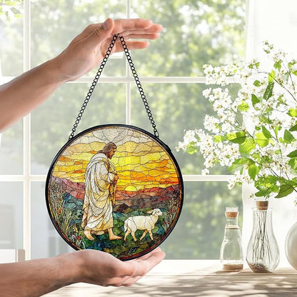 Christian Gifts for Women, Easter Jesus and Lamb Christian Suncatchers Stained Glass Window Hanging, Jesus Religious Sun Catchers Indoor Window Glass Round Wall Decor, 7.9x7.9in
