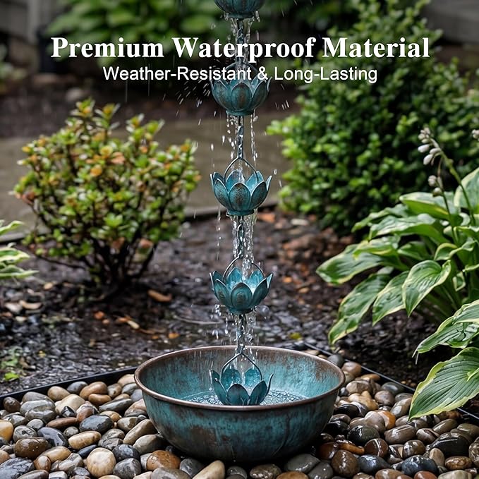 Topadorn Metal Rain Chain Decoration 8.5FT., Rain Catcher Metal Chain Gutter Downspout 104'' for House Eaves, Garden & Home, Flower Cups Garden Decoration,Lake Blue