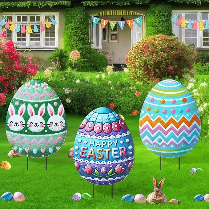 DoubleFill 3 Pcs Easter Decorations Outdoor 3D Metal Easter Eggs Yard Signs Decorative Garden Stakes Eggs Bunny Lawn Decorations Yard Decor for Spring Ornament Lawn Pathway Garden(Crayon Style)