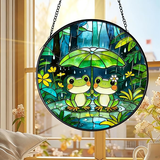 Frog Suncatcher, Stained Glass Frog Suncatcher Ornament, Frog Lovers Gift Ideas (Green)