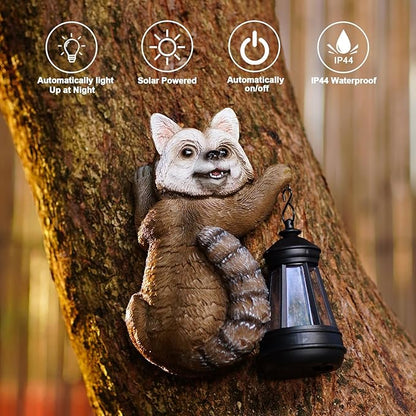 Goodeco Raccoon Tree Hugger with Solar Lantern - Garden Outdoor Tree Peeker, Animal Statues for Patio & Yard, Garden Gifts Ideas