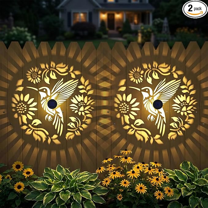 2 Pack Solar Fence Lights Metal Solar Powered Outdoor Wall Deck Step Lights Hummingbird Floral Theme Waterproof Fence Light for Garden Post Patio Backyard Yard Decor, Gardening Gifts for Women Mom
