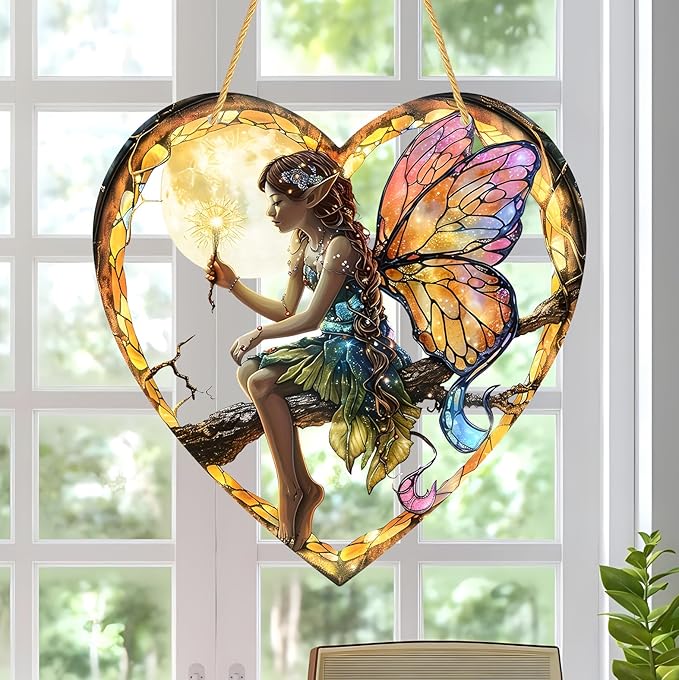 1PC Flower Fairy Acrylic Stained Glass Suncatcher Nature Heart-Shaped Magic and Butterfly Girls Suncatcher Hanging Decoration with Cord SunCatchers for Window Decor Outdoor Garden Decor Gift (Yellow)