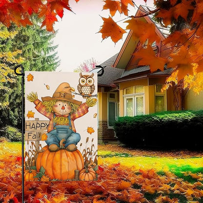 Happy Fall Pumpkins Scarecrow Garden Flags Double Sided Burlap Autumn Yellow Pumpkin Owl Yard Flag Seasonal Outside Patio Farmhouse Garden Yard Lawn Outdoor Decorative 12 x 18 Inch