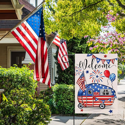 Welcome 4th of July Camping Patriotic Decorative Garden Flag, America USA Stars Stripes Camper RV Yard Outside Decorations, American Campsite Outdoor Small Home Decor Double Sided 12 x 18