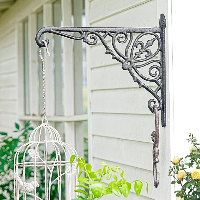 Sungmor Decorative Cast Iron Wall Bracket for Hanging Baskets – 2 Pack Heavy Duty Plant Hanger Hook for Outdoor/Indoor Use – Vintage Black Metal Hanging Bracket for Lanterns, Bird Feeders, Signs