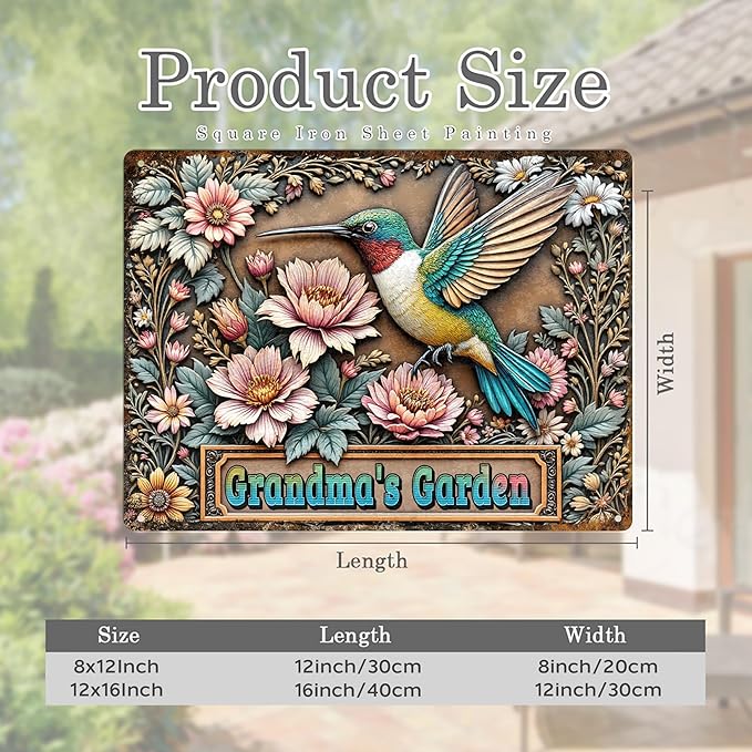 Custom Garden Signs Personalized Metal Tin Sign for Women, Retro Hummingbird Metal Sign for Outdoor, Patio, Yard Home Decor Gift for Mothers Day, Grandmas, and Gardening Lovers