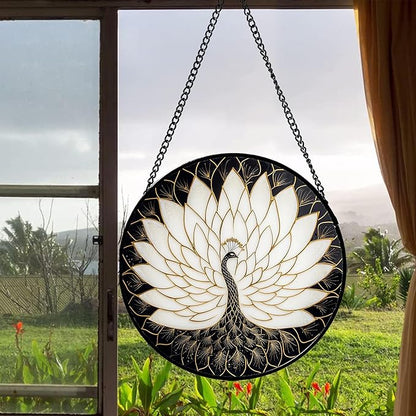 Stained Glass Window Hanging - Peacock Animal Suncatcher for Door Terrace Garden Home Decor Black White Gold Bird Sun Catcher Birthday Gifts for Lovers Women Men Dad Mom Nana 11.8 in