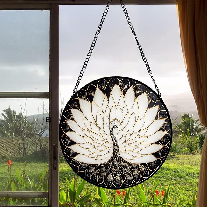 Stained Glass Window Hanging - Peacock Animal Suncatcher for Door Terrace Garden Home Decor Black White Gold Bird Sun Catcher Birthday Gifts for Lovers Women Men Dad Mom Nana 6.3 in