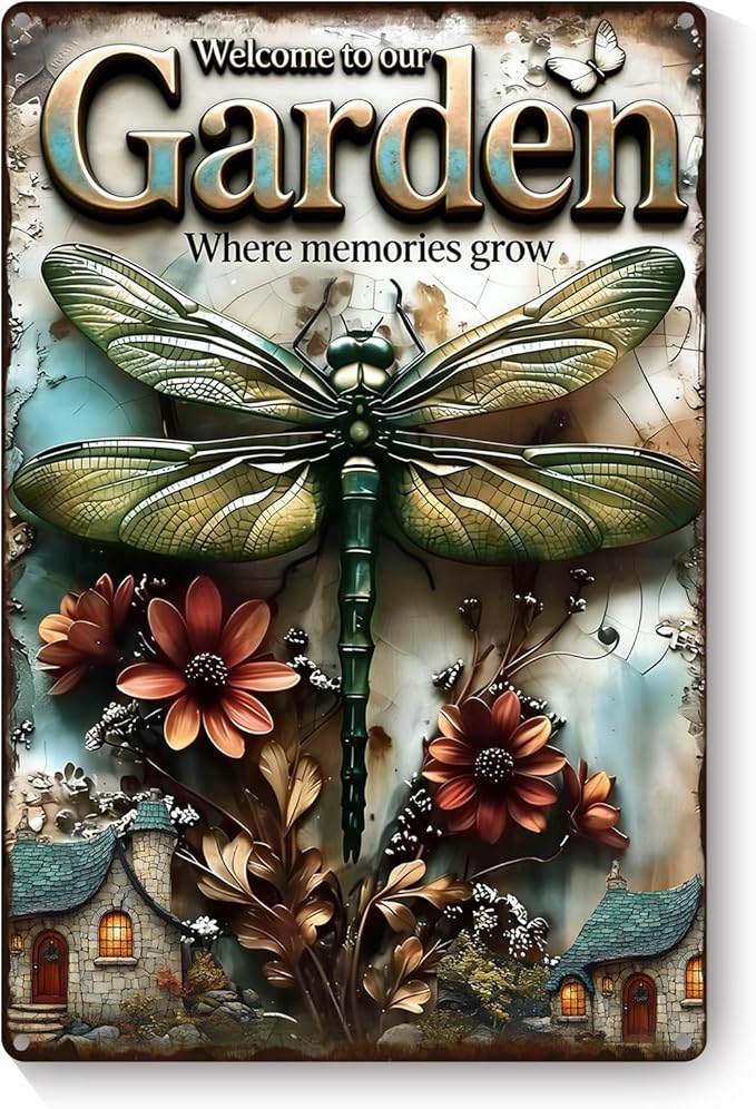 Garden Signs for Outside, 2D Flat Funny Metal Signs for Porch Garden Patio Yard - Welcome to our Garden Where Memories Grow, Vintage Gardening Gifts for Women, Wall Decor 12" x 8"