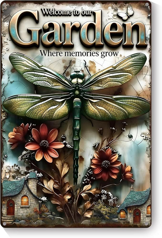 Garden Signs for Outside, 2D Flat Funny Metal Signs for Porch Garden Patio Yard - Welcome to our Garden Where Memories Grow, Vintage Gardening Gifts for Women, Wall Decor 12" x 8"