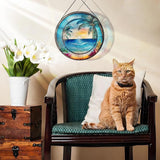 RIVEENY Blue Ocean Sunset Glass Window Hanging Decor,8" Stained Glass Sun Catcher Hanging Decoration with Metal Chain-Sun Catchers for Window Decor Outdoor Garden Decor Gift (Oceans)