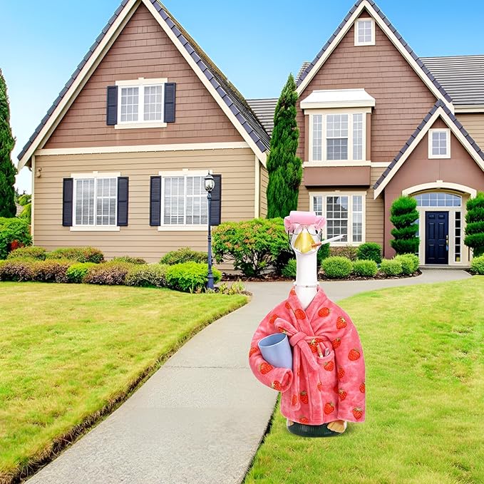 Porch Goose Statue Outfits Set Porch Goose Clothes with Bathrobe Curlers Costumes for 23" Plastic Statue Patio Yard Garden Lawn Outdoor Decoration(Pink, Strawberry)