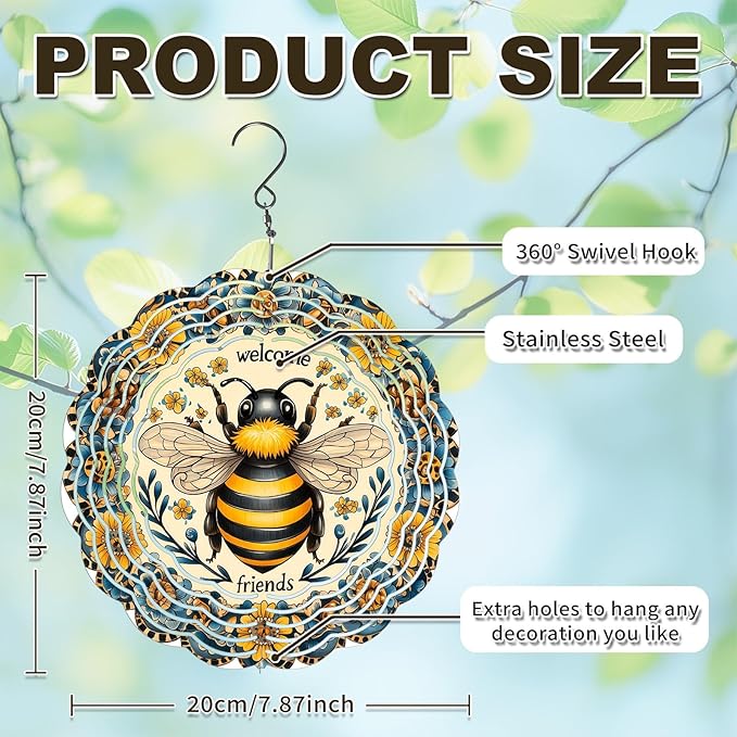 Bee Wind Spinners Outdoor, Hanging Wind Spinner for Garden Decoration, 8 inch 3D Stainless Steel Metal Wind Sculpture for Indoor/Outdoor Decor