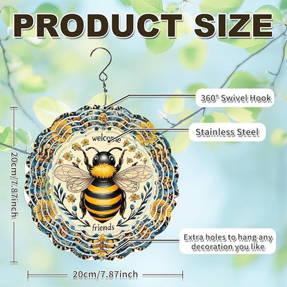 Bee Wind Spinners Outdoor, Hanging Wind Spinner for Garden Decoration, 8 inch 3D Stainless Steel Metal Wind Sculpture for Indoor/Outdoor Decor