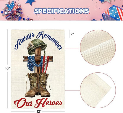 AVOIN colorlife Memorial Day Always Remember Our Heroes Garden Flag 12x18 Inch Double Sided, Military Soldiers Boots Patriotic Veteran Yard Outdoor Decoration