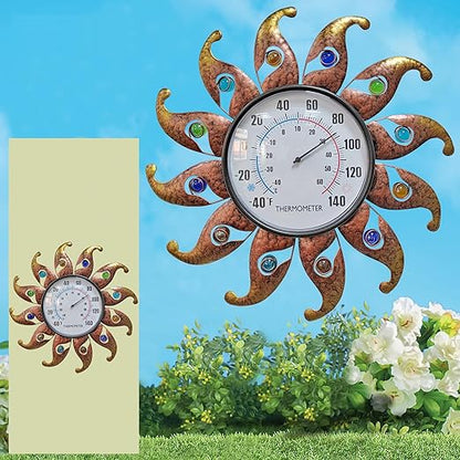 Metal Sun Thermometer Indoor Outdoor Wall Art Decor, Sun with Glass Ball Plaque Sculpture Hanging Mounted for Living Room Bedroom Kitchen Workroom Patio Garden, No Battery Required