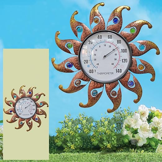 Metal Sun Thermometer Indoor Outdoor Wall Art Decor, Sun with Glass Ball Plaque Sculpture Hanging Mounted for Living Room Bedroom Kitchen Workroom Patio Garden, No Battery Required