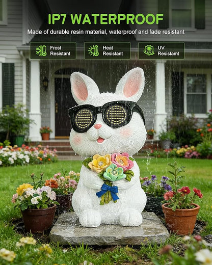 Solar Bunny Garden Outdoor Statues Decor, Rabbit with Flower and LED Lights Garden Decor for Home House, Yard Art Lawn, Ornaments, Porch Patio, Balcony - Birthday Gifts for Grandma Mom Women