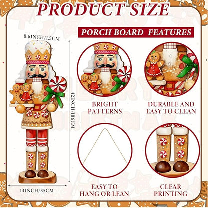 Winter Snowman Porch Sign Wooden Porch Decor Winter Christmas Nutcracker Snowman Front Door Welcome Standing Sign for Xmas Farmhouse Outdoor Yard Wall Hanging Decorations(40 Inch,Nutcracker)