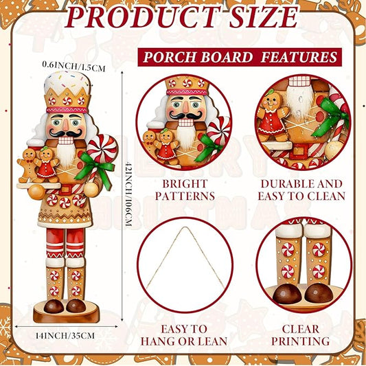 Winter Snowman Porch Sign Wooden Porch Decor Winter Christmas Nutcracker Snowman Front Door Welcome Standing Sign for Xmas Farmhouse Outdoor Yard Wall Hanging Decorations(40 Inch,Nutcracker)