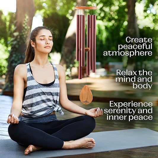 UpBlend XL Wind Chimes for Outside Gift – Deep Tone Wind Chime with Decorative Stone – Porch & Patio Decor, Elegant Outdoor Ornament, Garden Gifts. 38” Brown.