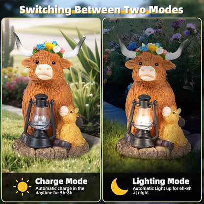 Highland Cow Solar Lights, Solar Powered Statues for Garden,Outside Decor with Latern for Yard Birthday Easter Gifts for Grandma Mom Women Funny Decorations for Yard and Patio Gifts
