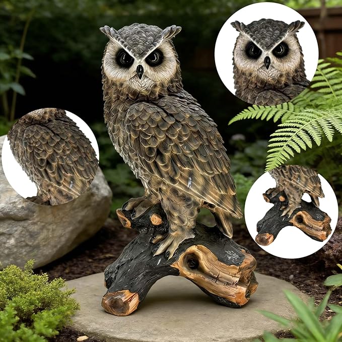 Large Owl Statue Garden Decor Outdoor Indoor, 18.98" H Hand-Painted Resin Owl Sculpture on Tree Stump, Wildlife Figurine Yard Art Ornament for Patio Lawn Porch Housewarming Gift