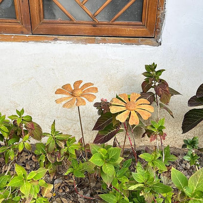 2 PCS Rustic Chamomile Garden Decor for Outside,Metal Flower Bed Decorations，Rusty Flower Art Spring Decor,Garden Stakes Decorative,Chamomile Outdoor Sculptures and Yard Art, Lawn Ornaments
