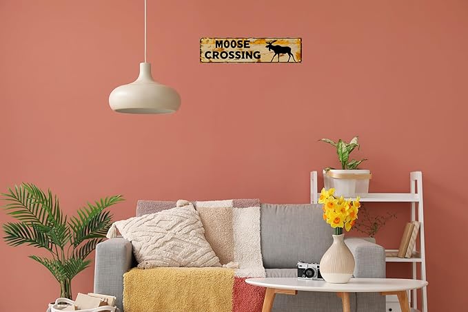 WSUPBPR Funny Metal Sign Decor Moose Crossing Road Signs Warning Sign Outdoors Wall Fence Forest Decor coffee Bar Art 16x4 in