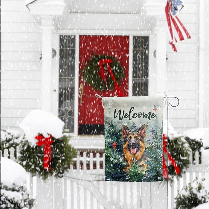 Welcome Winter Garden Flags German Shepherd Garden Flag Cardinal Birds on Snowy Pine Tree Flag Dog Yard Flags for Outside 12x18 Double Sided Christmas Decorative