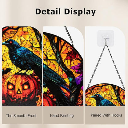 Stained Glass Window Hanging, Halloween Decorations Evil Crow Pumpkin Maple Leaf Suncatcher for Doors Garden Indoor Funny Spooky Sun Catchers Gothic Decor for Women, Men, and Mom 7.8 in