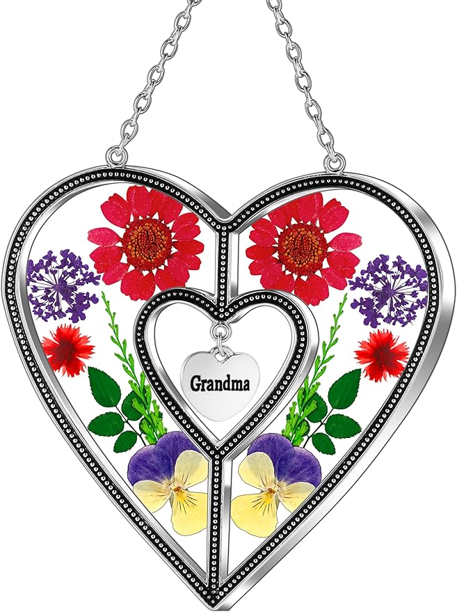 KY&BOSAM Grandma Heart Suncatcher Grandma Gifts Staiend Glass Wind Chimes for Outside Pressed Flower Colorful Heart Suncatchers Outdoor for Garden Windows Indoor Home Trees Patio Yard Porch Decor