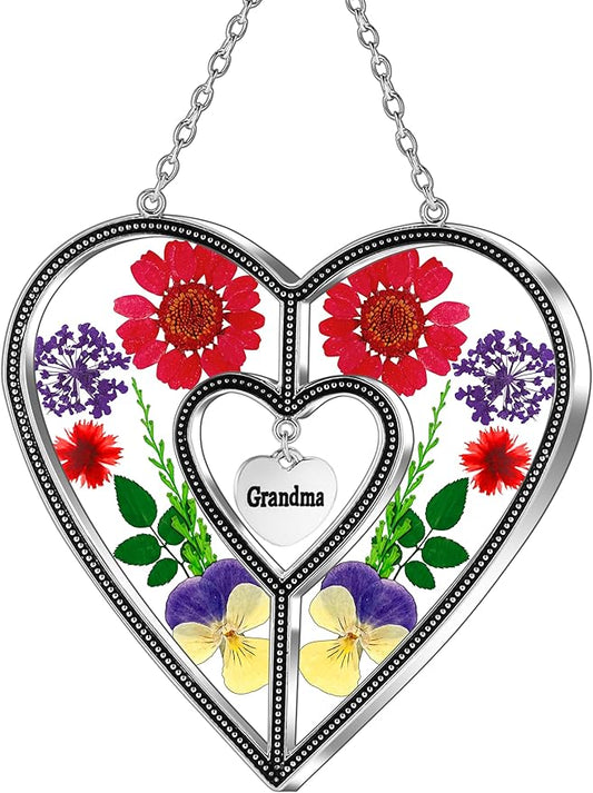 KY&BOSAM Grandma Heart Suncatcher Grandma Gifts Staiend Glass Wind Chimes for Outside Pressed Flower Colorful Heart Suncatchers Outdoor for Garden Windows Indoor Home Trees Patio Yard Porch Decor